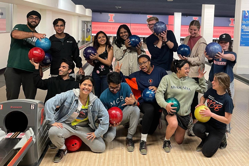 Angela and friends bowling in the Illini Union Rec Room.